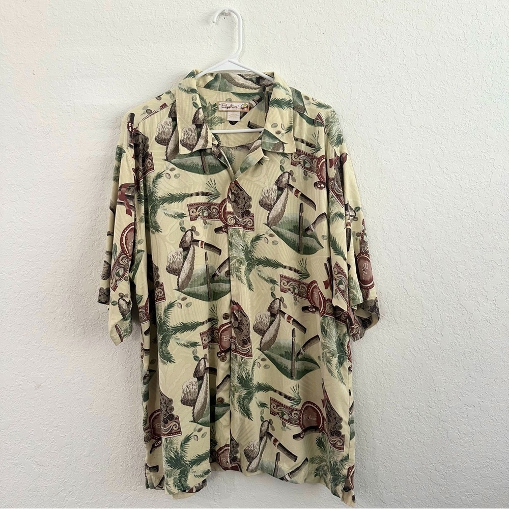 BAHIO BY IMP Men’s Button Down Shirt Short Sleeve Cigar Straw Hat XL 100% Silk